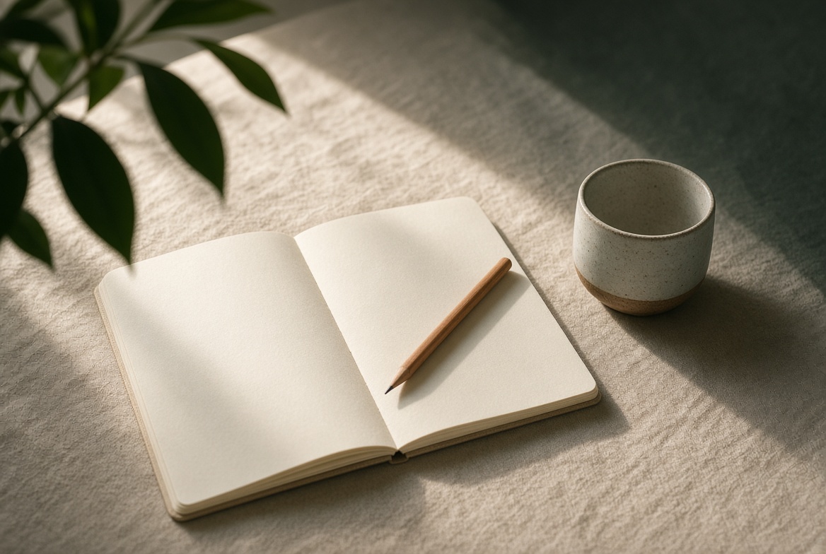 Offenes Notizbuch, Bleistift und Tasse im Morgenlicht