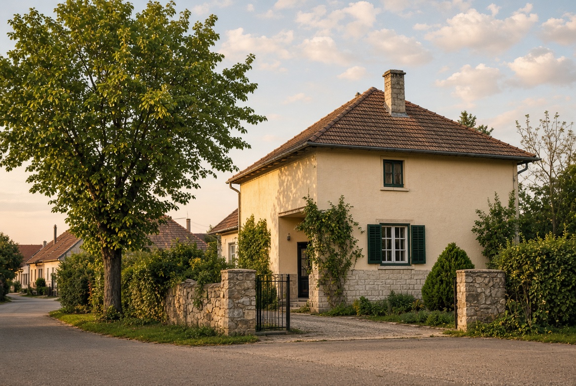 Ruhiges Haus in einer ungarischen Ortsstraße am späten Nachmittag
